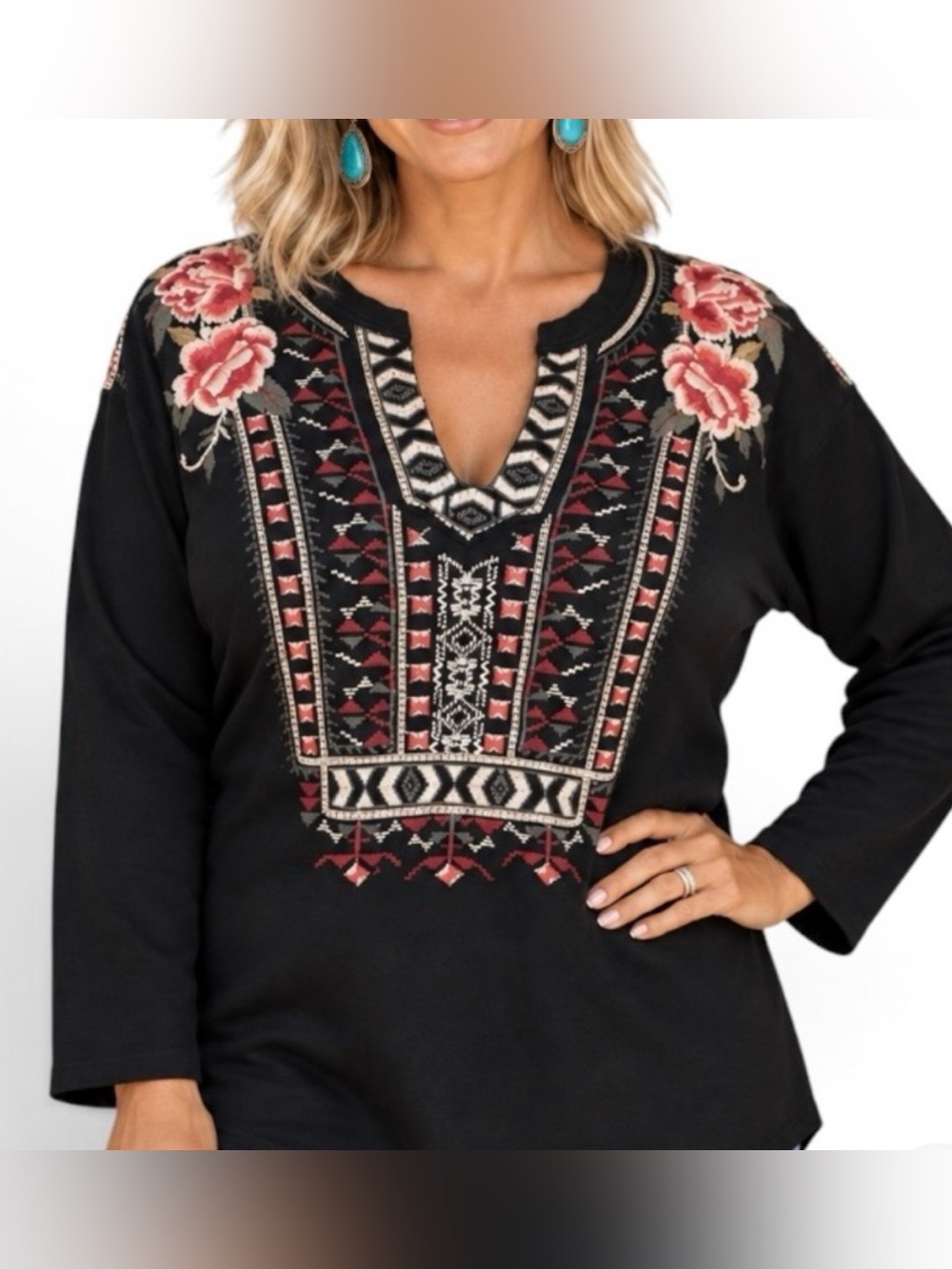 Johnny Was Issoria Embroidered Split Neck Sweatshirt